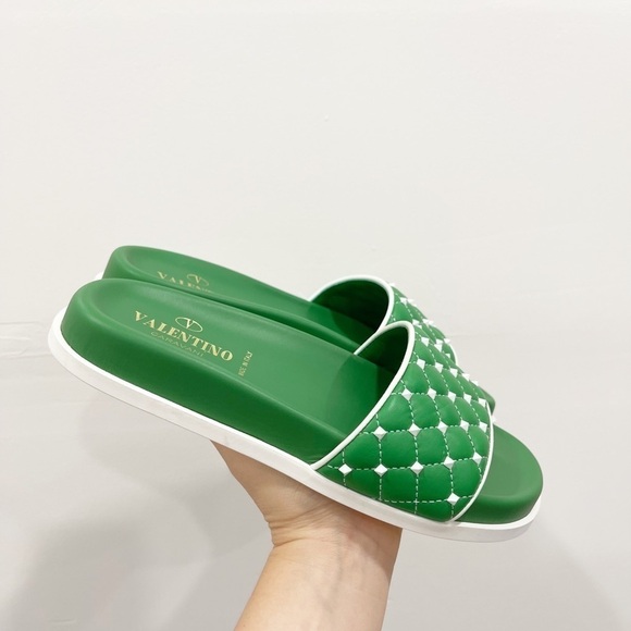 Valentino Free Rockstud Spike Slides Green Leather - Picture 4 of 9
